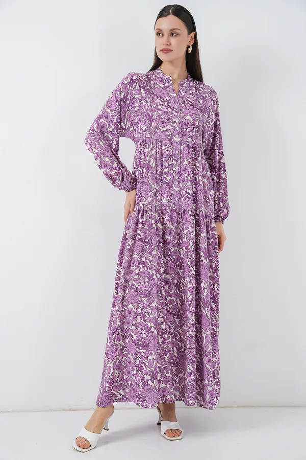 Robe longue hijab à motifs pour femme 2585 - Lilas