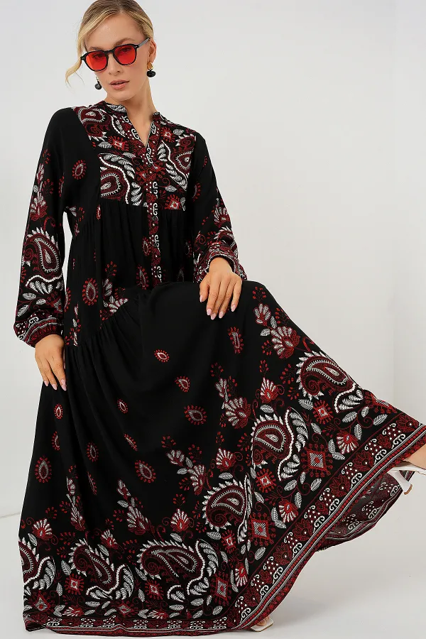 2423 Otantik Desenli Tesettür Elbise - Siyah - Bordo