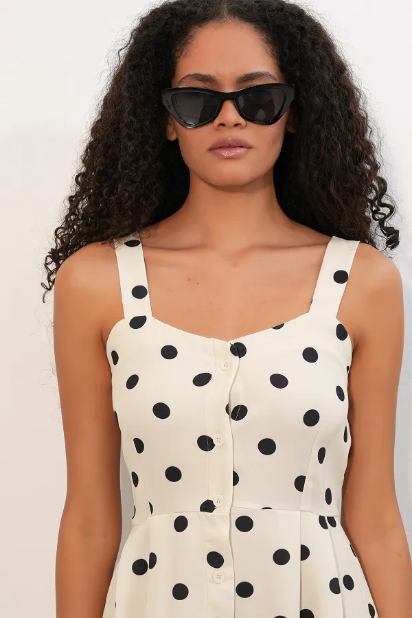 Women's Polka Dot Button-Front Strappy Midi Dress 2603 - Ecru