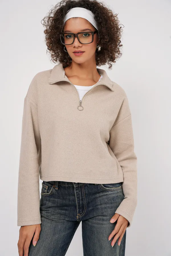 55449 Zippered Collar Knitted Sweatshirt - Cream
