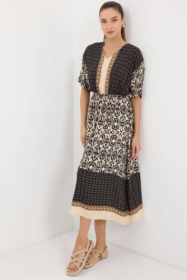 2517 Patterned Short Sleeve Viscose Dress - Black