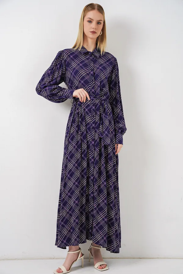 Kadın Boydan Düğmeli Uzun Tesettür Elbise 2588 - Mor