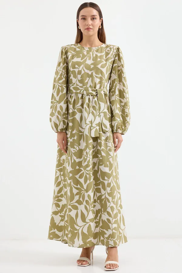 2513 Balloon Sleeve Hijab Dress - Oil Green