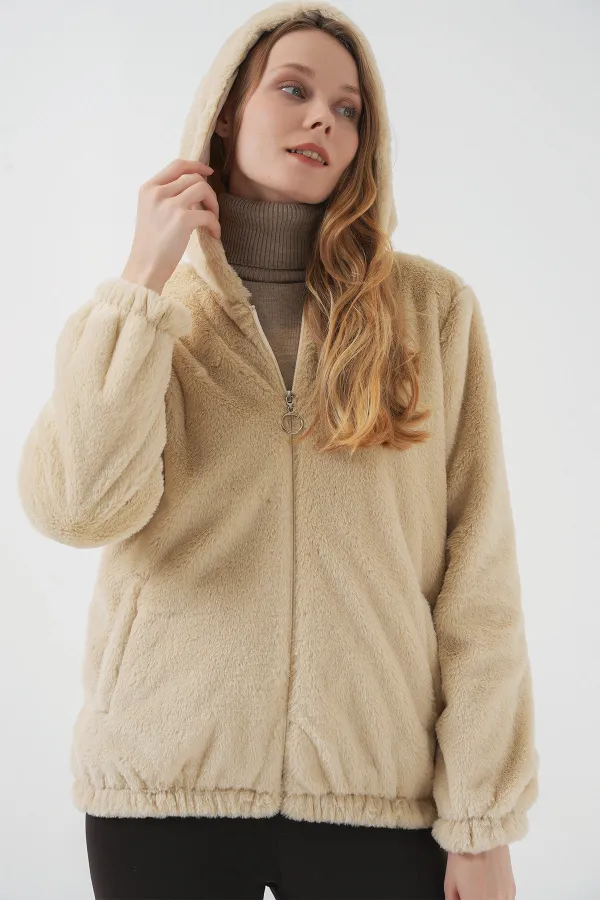 5091 Hooded Fur-Lined Coat with Lining - Biscuit