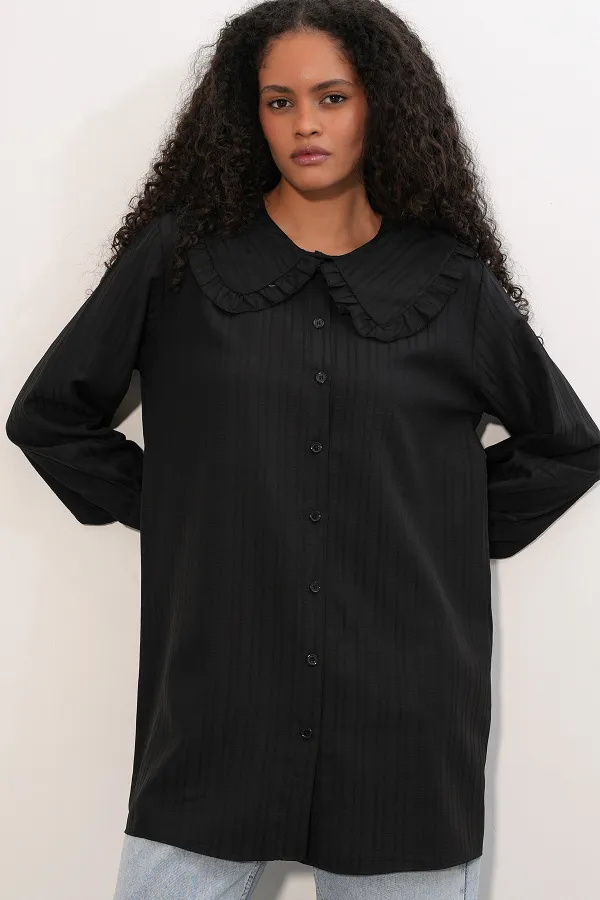 Women's Wide Collar Ruffle Detail Striped Tunic Shirt 5993 - Black