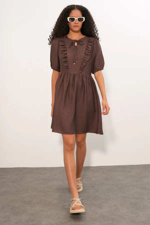 Women's Tie-Neck Short-Sleeve Ruched Dress 2600 - Brown