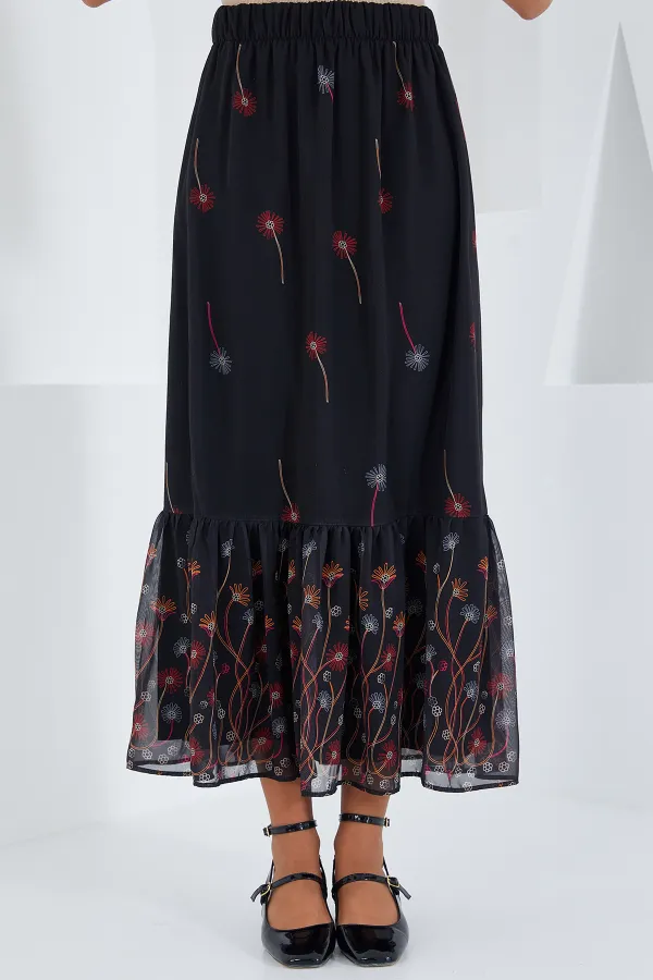 Jupe en mousseline à motifs noirs et orange pour femme 8010