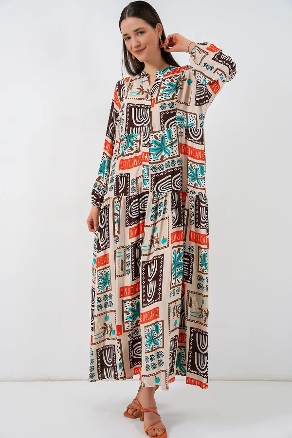 Kadın Desenli Uzun Tesettür Elbise 2585 - Koyu Kahve