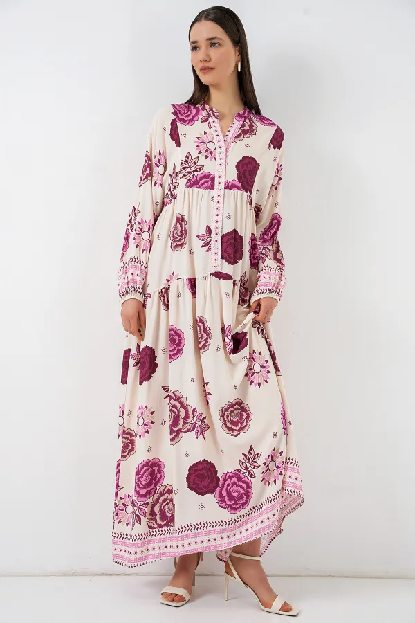 Kadın Desenli Uzun Tesettür Elbise 2585 - D. Fuşya