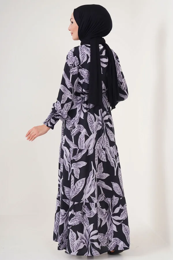 2145 Desenli Tesettür Elbise - D. Siyah