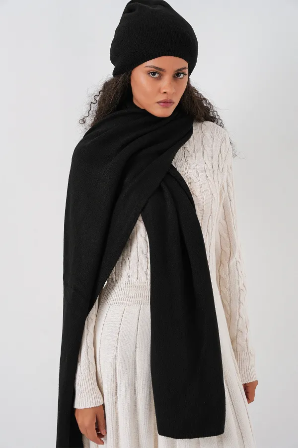 Écharpe et bonnet tricotés pour femme 15939 - Noir