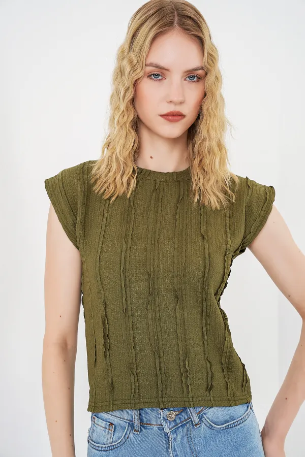 Women's Textured Sleeveless Knitted Stretch Blouse 991 - Khaki