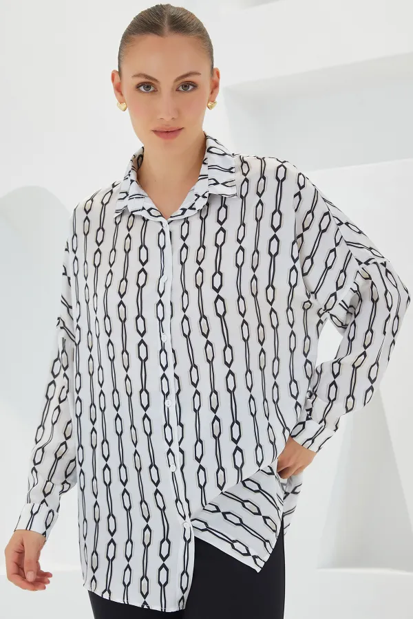 Women's Black and White Patterned Oversize Satin Shirt 3985