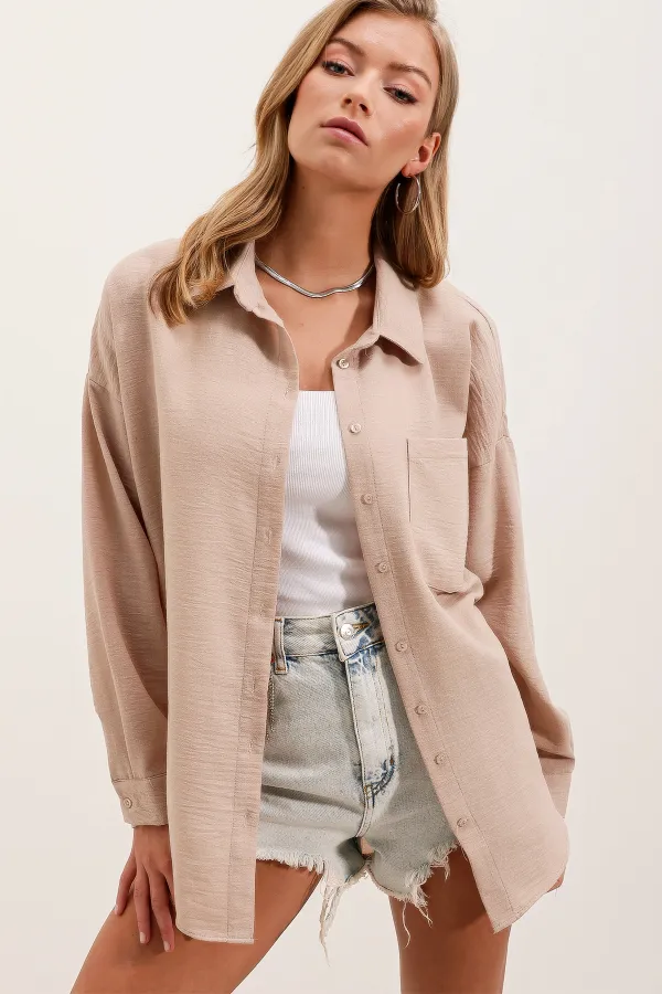 20153 Single Pocket Oversize Linen Shirt - Beige 20153 Single Pocket Oversize Linen Shirt - Beige