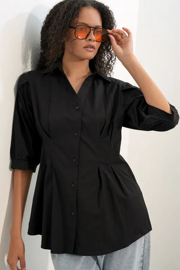 Women's Long Waist-Fitting Shirt 20383 - Black
