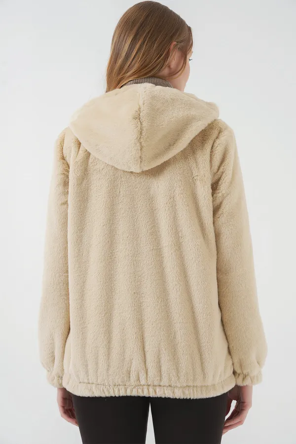 5091 Hooded Fur-Lined Coat with Lining - Biscuit