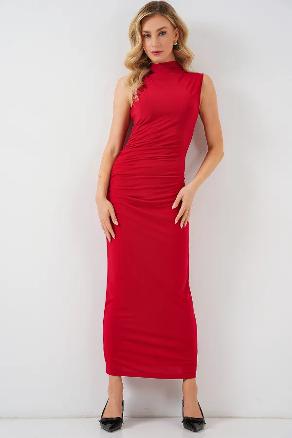 Robe drapée plissée à manches zéro pour femme 2579 - Rouge