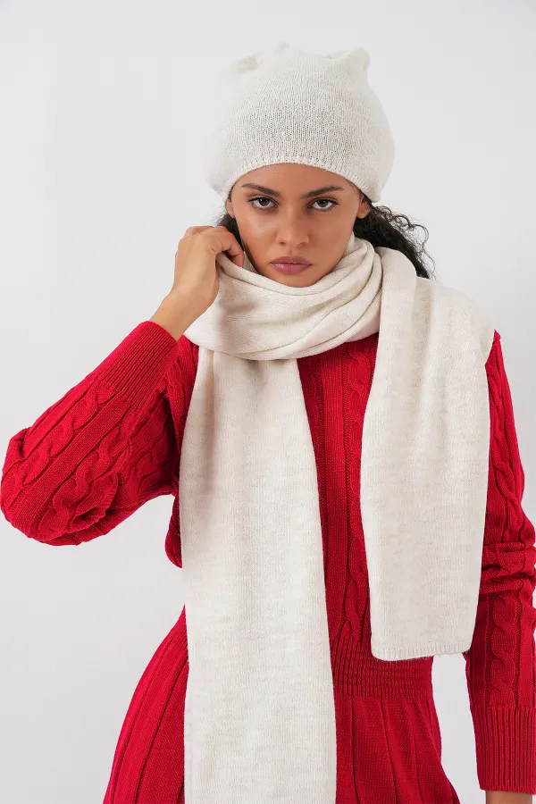 Écharpe et bonnet tricotés pour femme 15939 - Écru