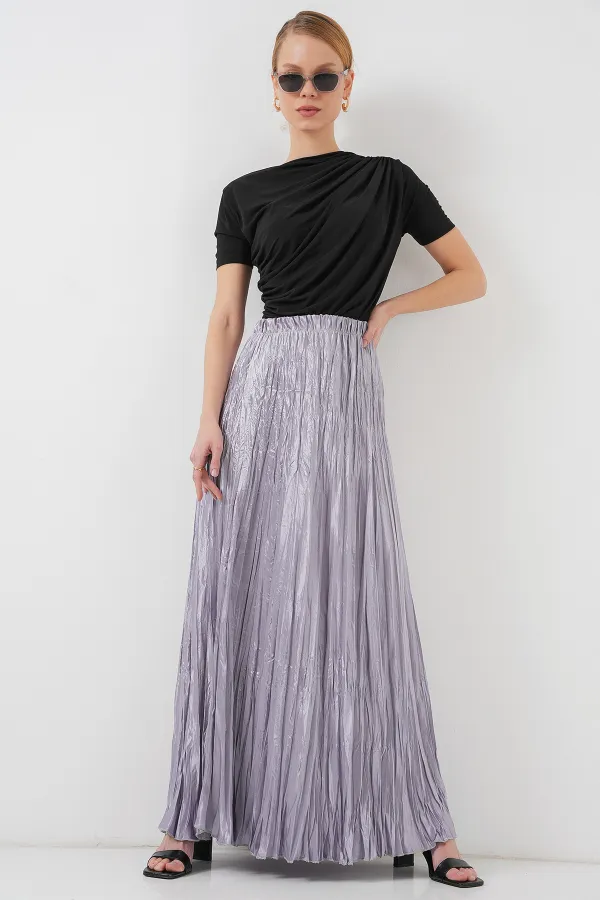 Women's Long Crinkle Shiny Skirt 8034 - Gray