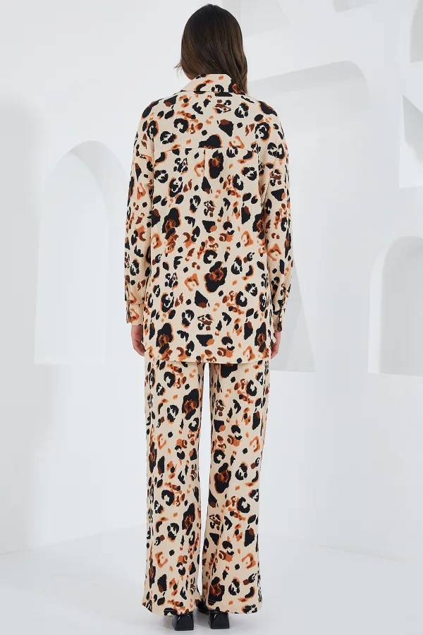 Kadın Krem Kahverengi Desenli Örme İkili Takım 5858