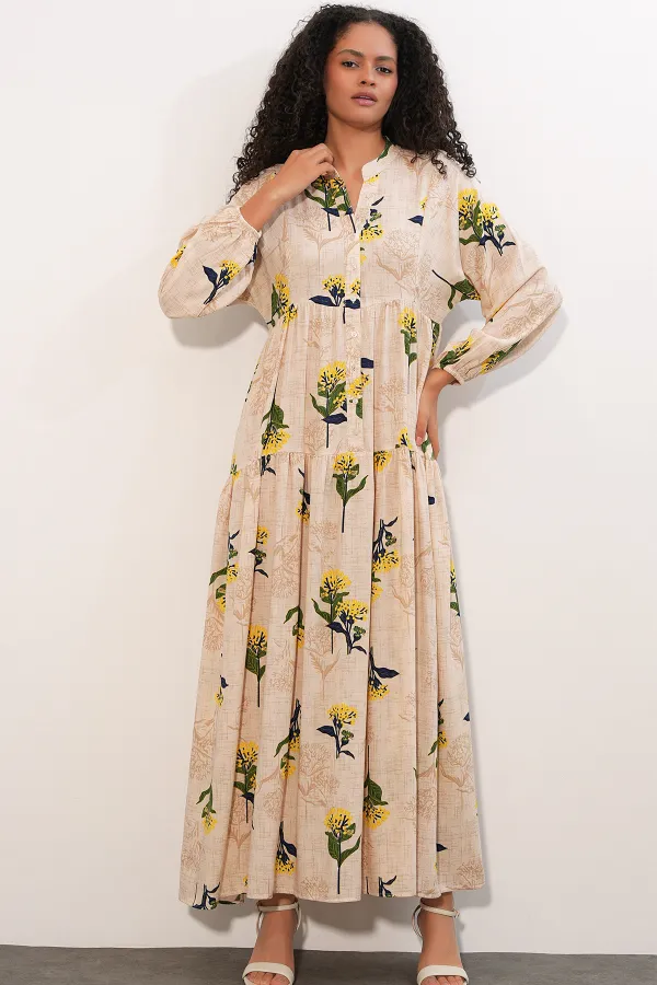 Women's Patterned Long Hijab Dress 2585 - Y. Yellow Women's Patterned Long Hijab Dress 2585 - Y. Yellow