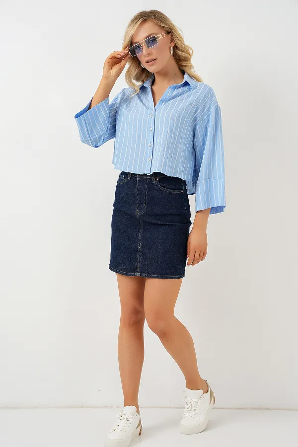Kadın Çizgili Oversize Kısa Gömlek 20326 - Mavi