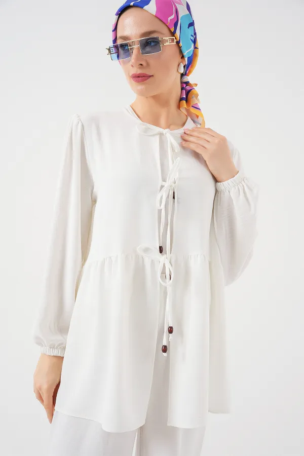 Kadın Önü Bağcıklı Tunik Pantolon İkili Takım 6744 - Beyaz