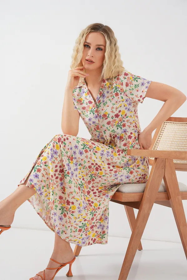 Women's Buttoned-Down Short Sleeve Floral Dress 2561 - Cream