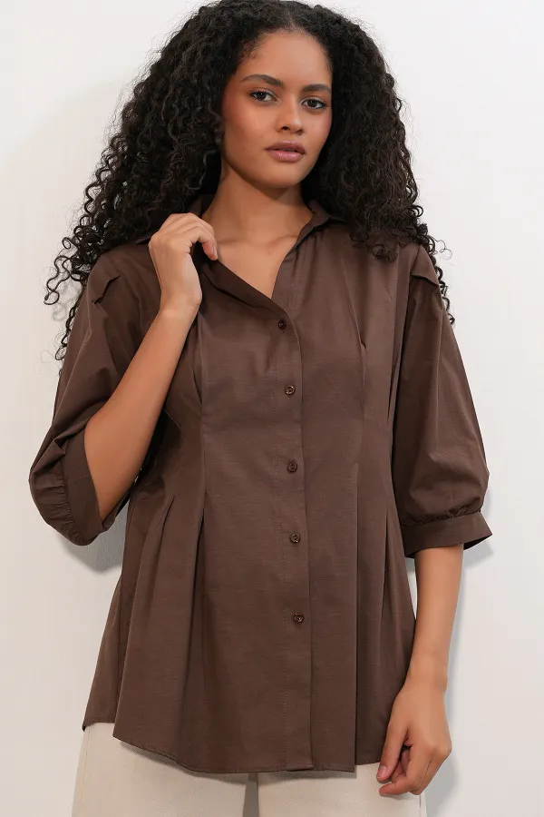 Women's Long Waist Fitted Shirt 20383 - Brown Women's Long Waist Fitted Shirt 20383 - Brown