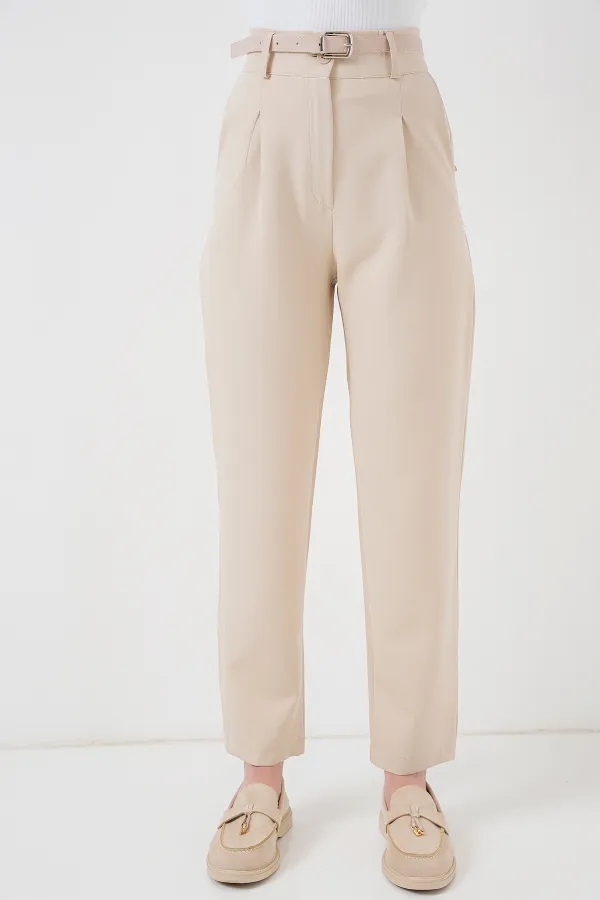Kadın Pileli Kemerli Kumaş Pantolon 6725 - Krem