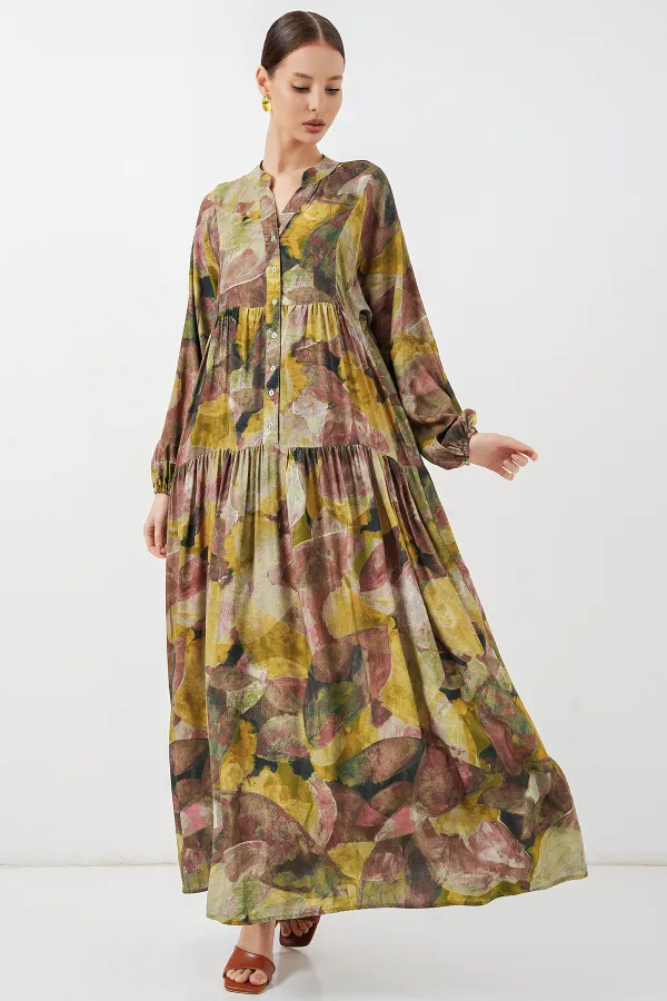 Women's Patterned Long Hijab Dress 2585 - Light Green