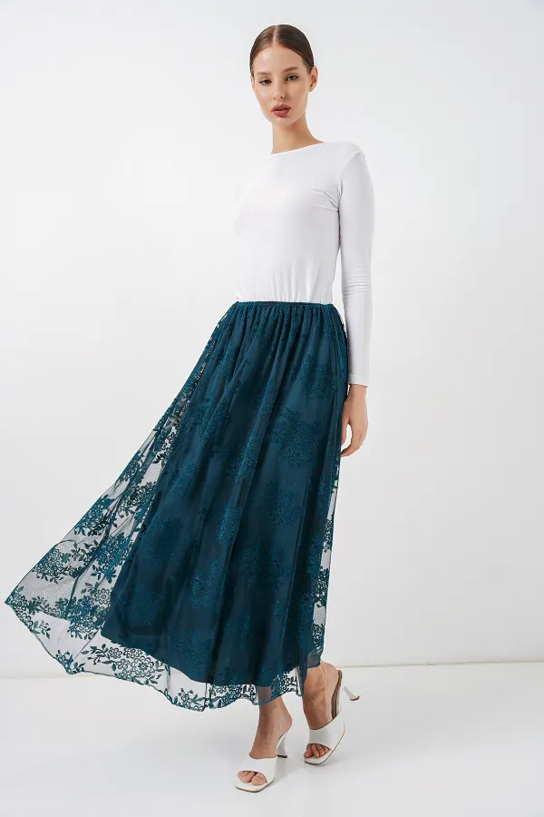 Jupe longue en tulle imprimé floqué pour femme 8070 - Pétrole