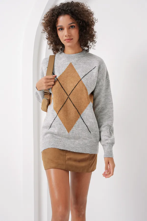 15895 Baklava Pattern Oversize Knit Sweater - Grey