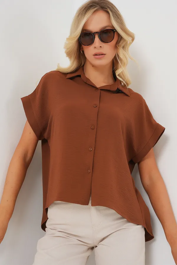 Women's Oversize Short Sleeve Shirt 20322 - Tan