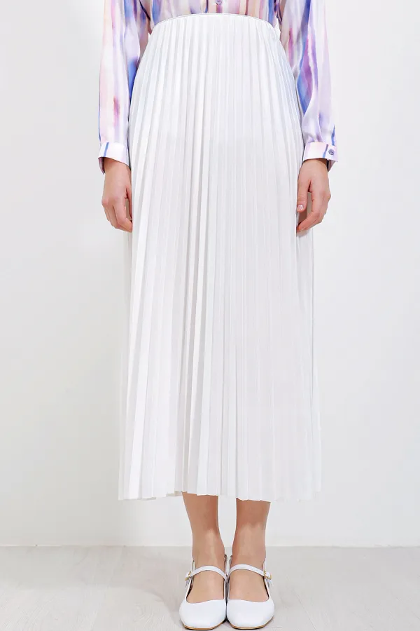 8009 Deri Görünümlü Piliseli Etek - Beyaz