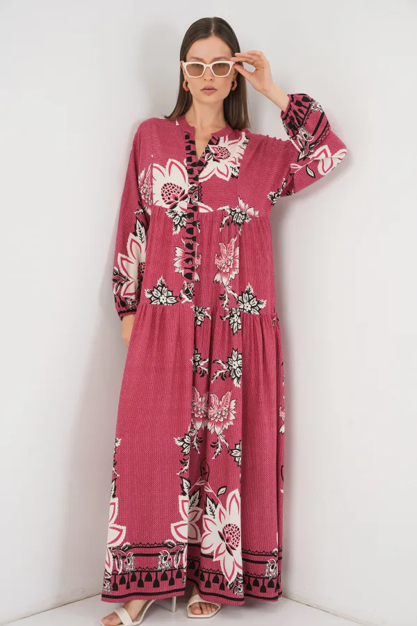 Kadın Desenli Uzun Tesettür Elbise 2585 - Gül Kurusu