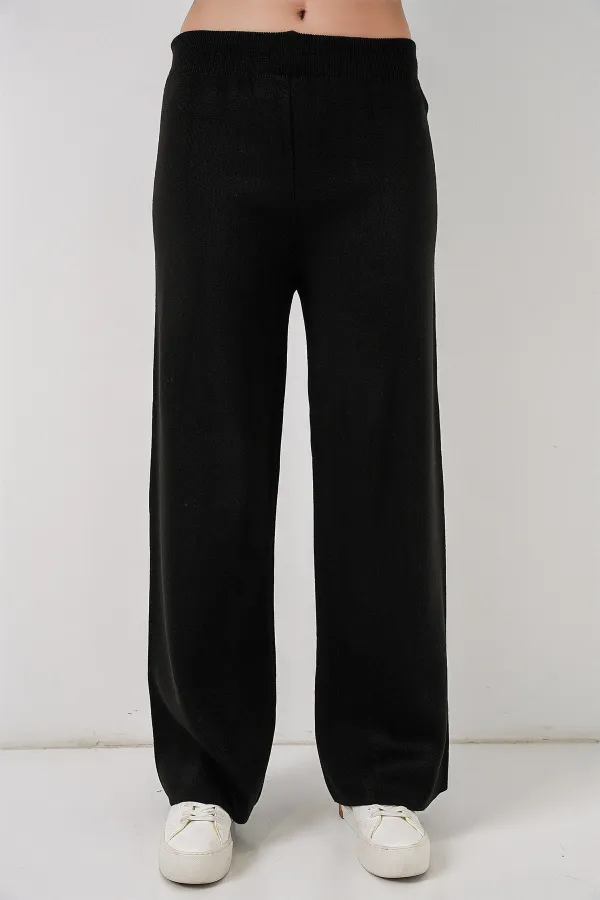 Women's Embroidered Knitwear Cardigan Trousers Two-Piece Suit 15963 - Black