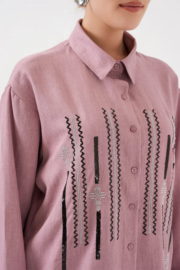 Ensemble deux pièces tunique et pantalon à motifs 6720 - Rose