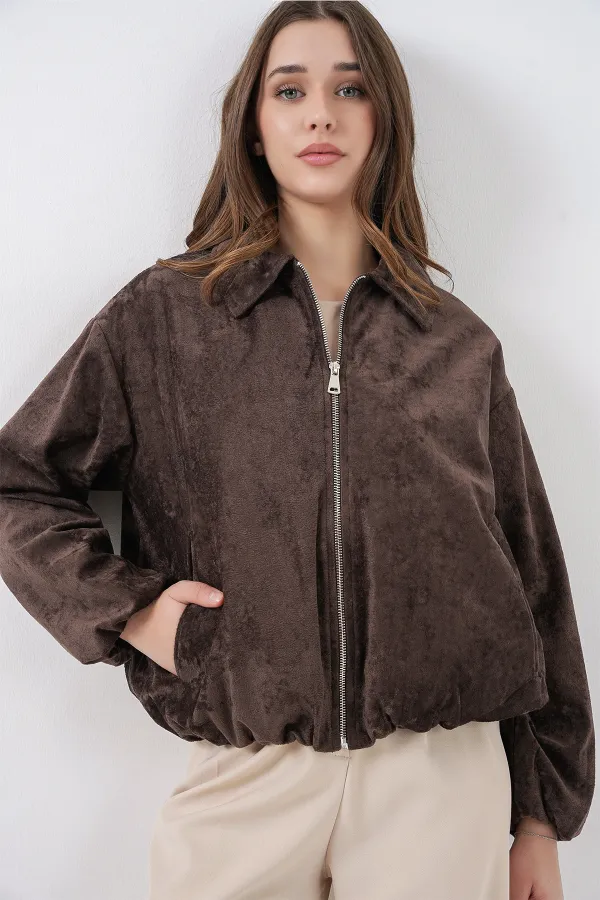 Veste oversize en velours froncé pour femme 0733 - Marron