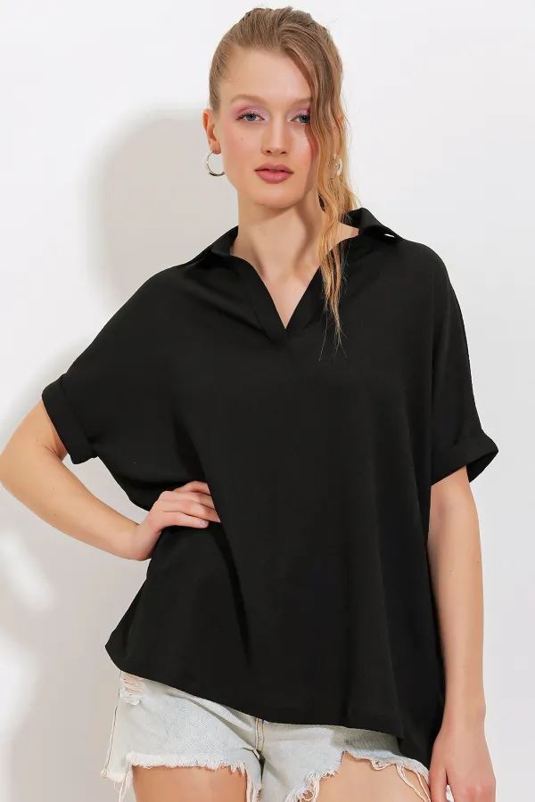Chemisier en maille noir oversize à col polo pour femme 0486