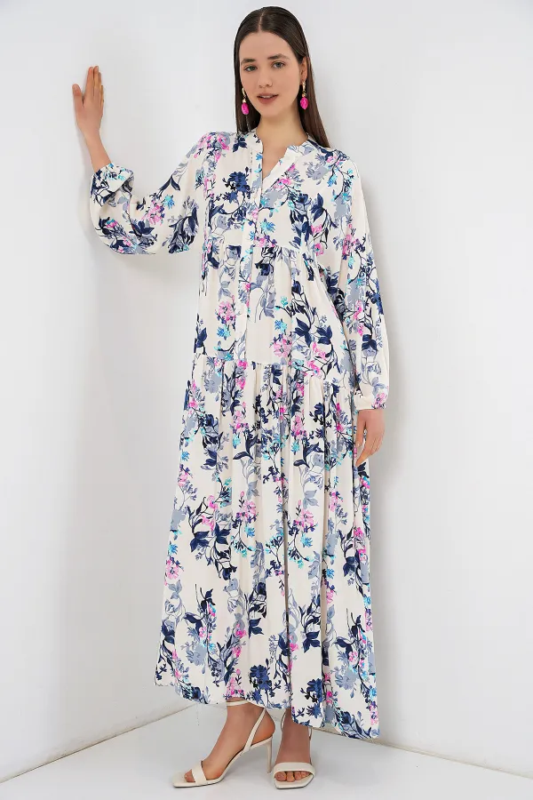 Robe longue hijab à motifs pour femme 2585 - Bleu marine foncé