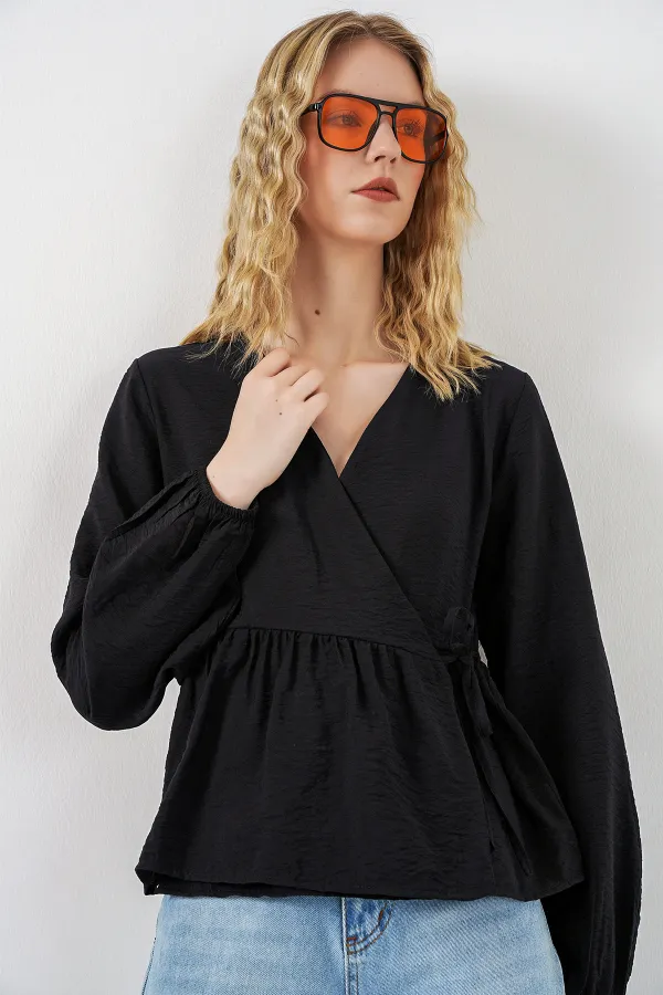Kadın Yandan Bağlamalı Uzun Kollu Bluz 996 - Siyah