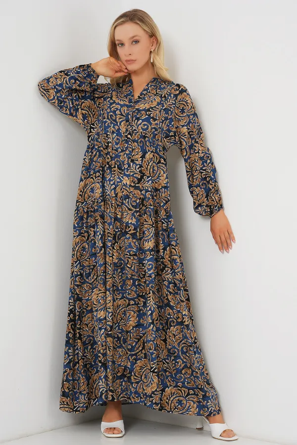 Robe hijab à motifs authentiques 2423 - Bleu marine 11