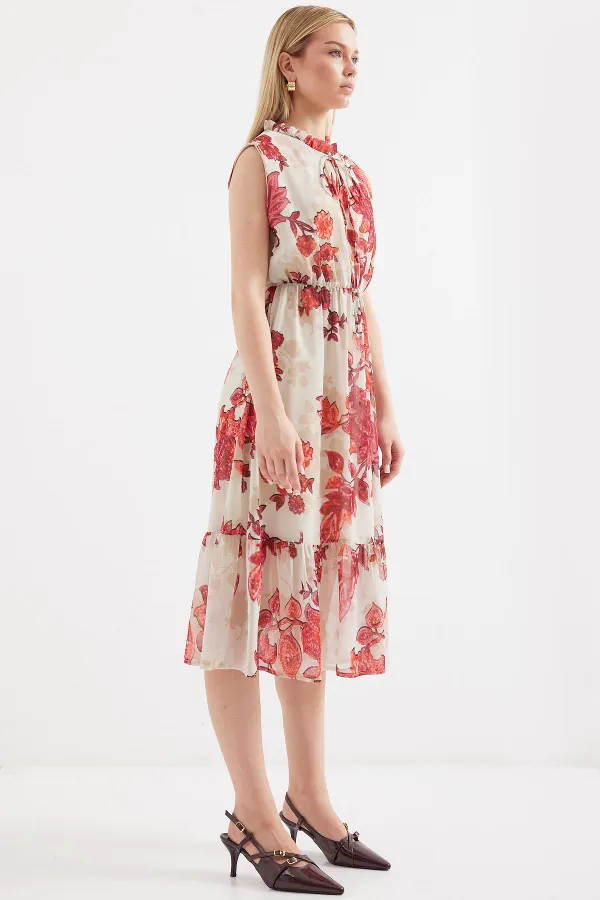 2503 Desenli Sıfır Kol Şifon Elbise - Nar