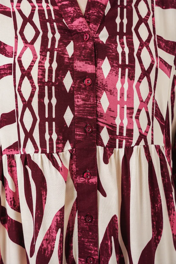 Kadın Desenli Uzun Tesettür Elbise 2585 - H. Bordo