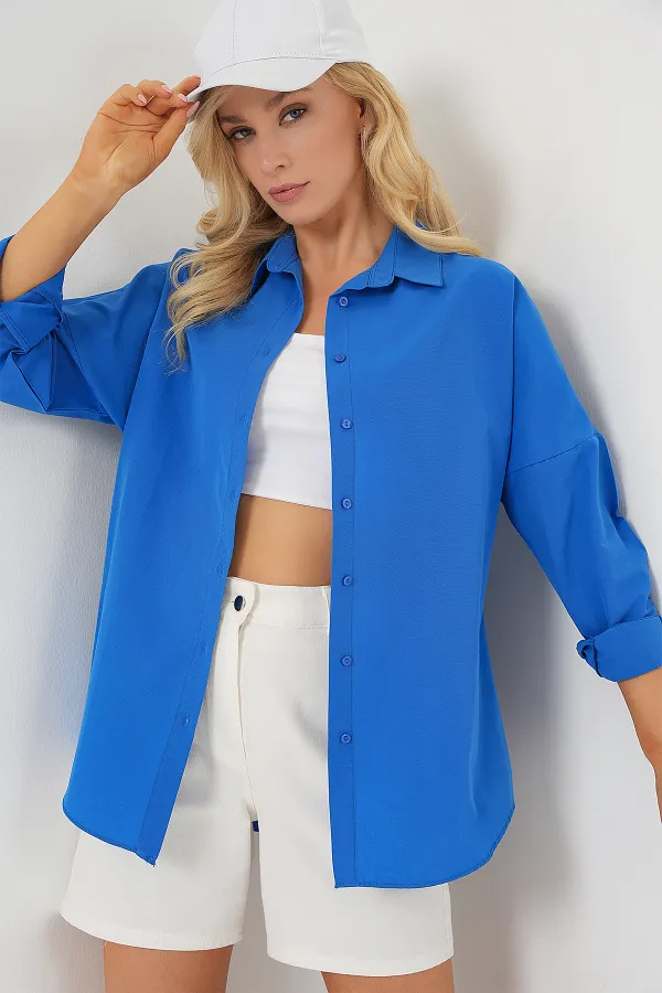 3900 Oversize Long Basic Shirt - Dark Blue