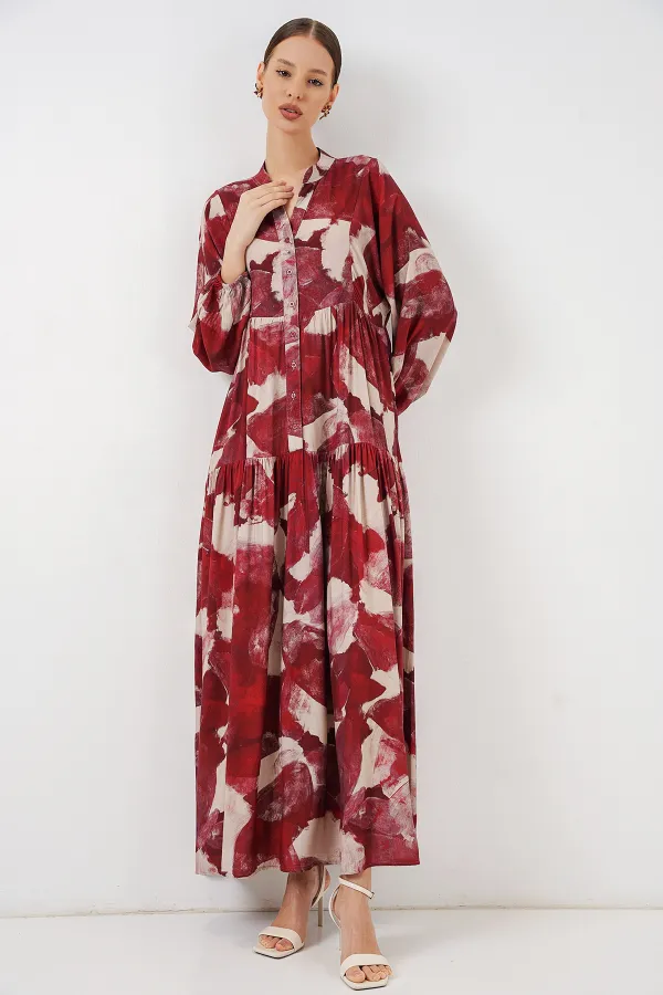 Kadın Desenli Uzun Tesettür Elbise 2585 - D. Bordo