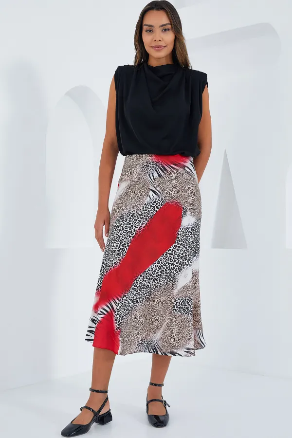 Jupe en satin rouge et noir à motifs pour femme 15806