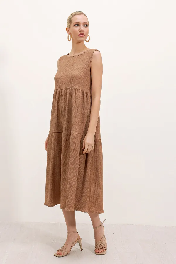 2448 Sıfır Kol Uzun Örme Elbise - Bisküvi