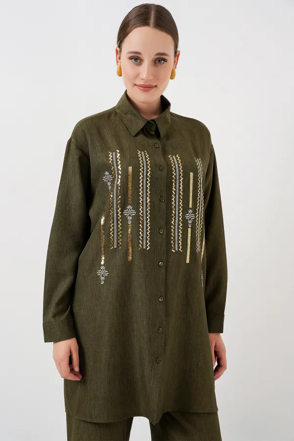 Patterned Tunic Trousers Two Piece Set 6720 - Khaki